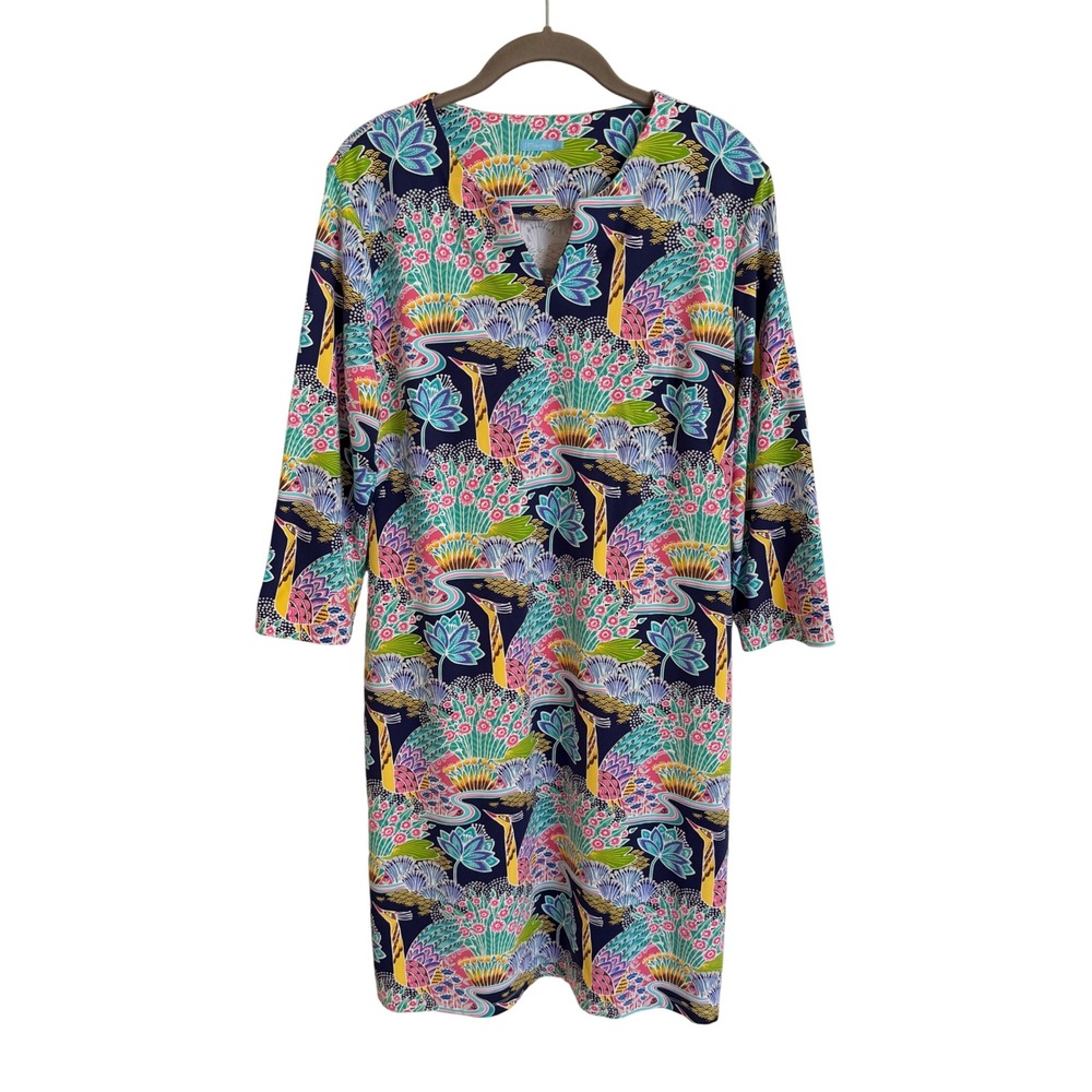 J.McLaughlin‎ XL Catalina Cloth Peacock Stretch Shift Dress 3/4 Sleeve V-Neck